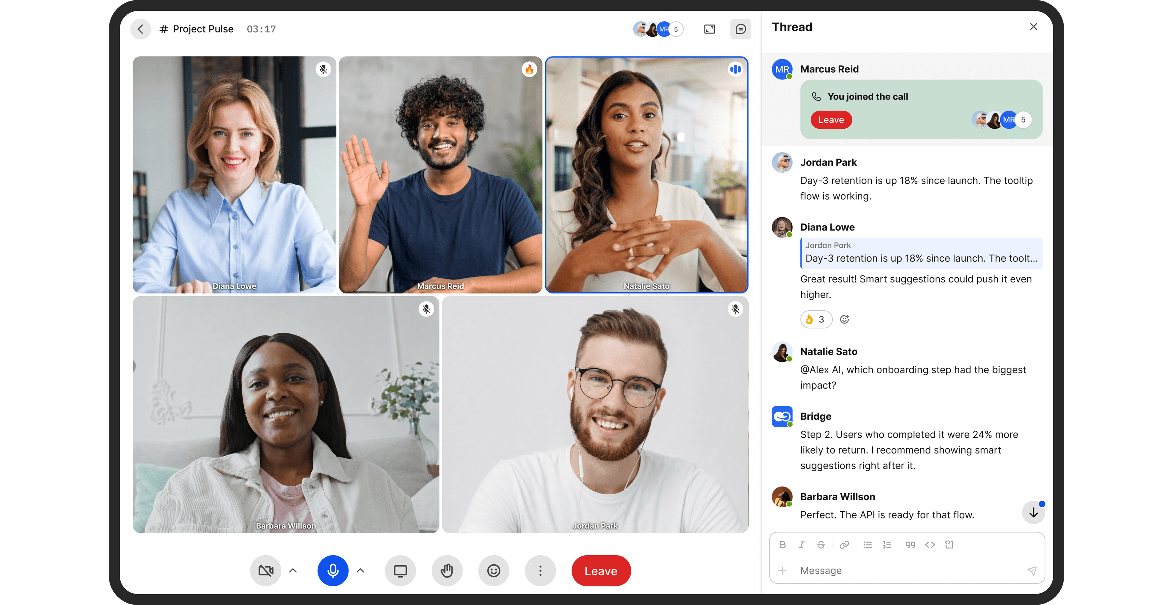 BridgeApp team video call with an AI-assisted conversation thread