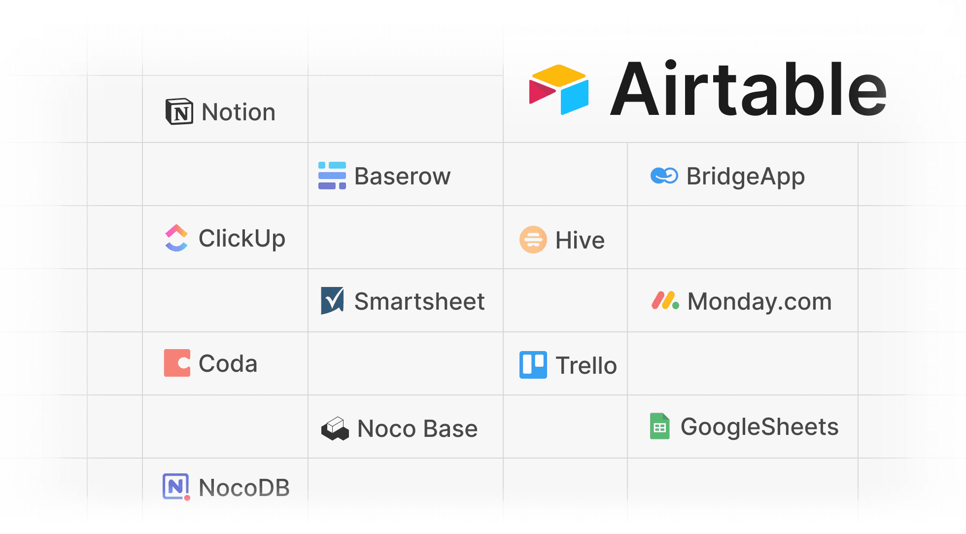 Airtable logo prominently displayed with a grid of competitor and related application logos.
