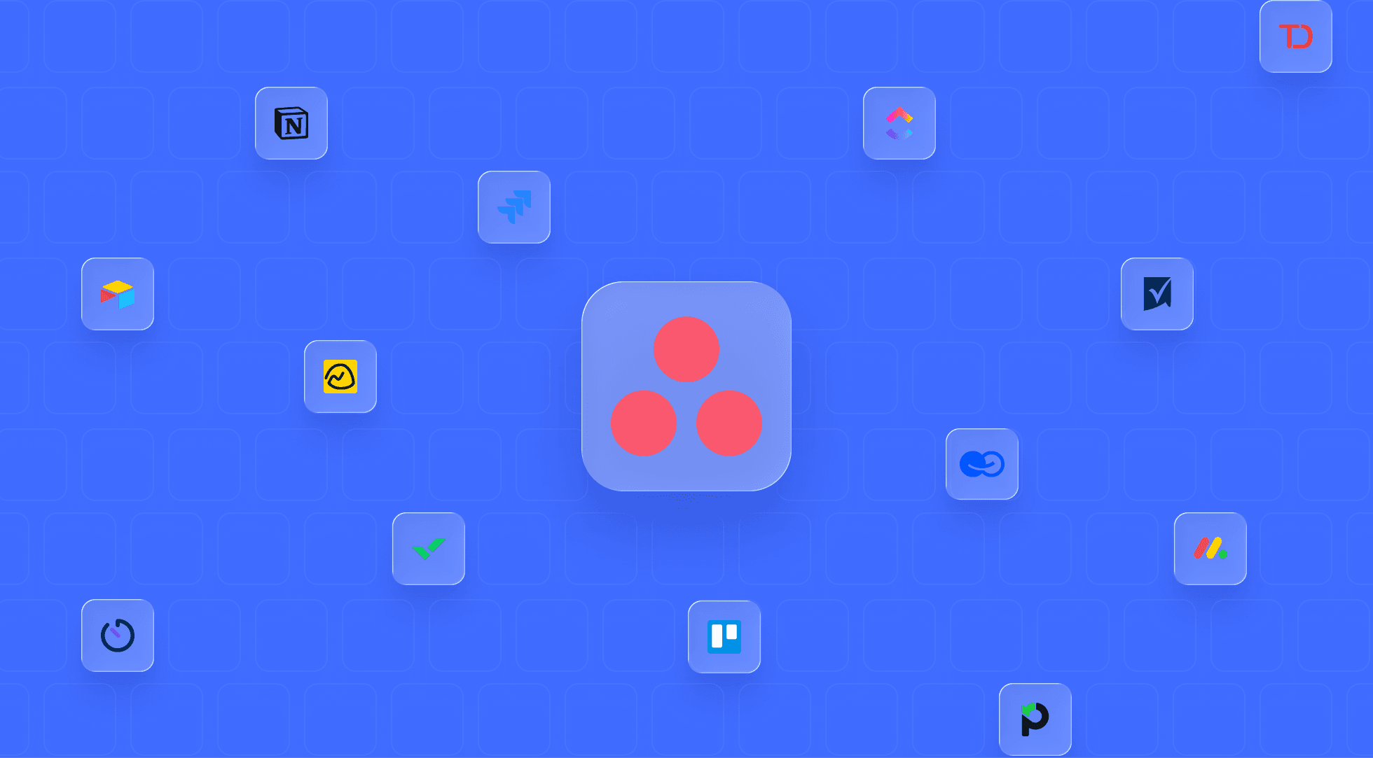 Red icon with three circles surrounded by diverse application icons on a blue background.