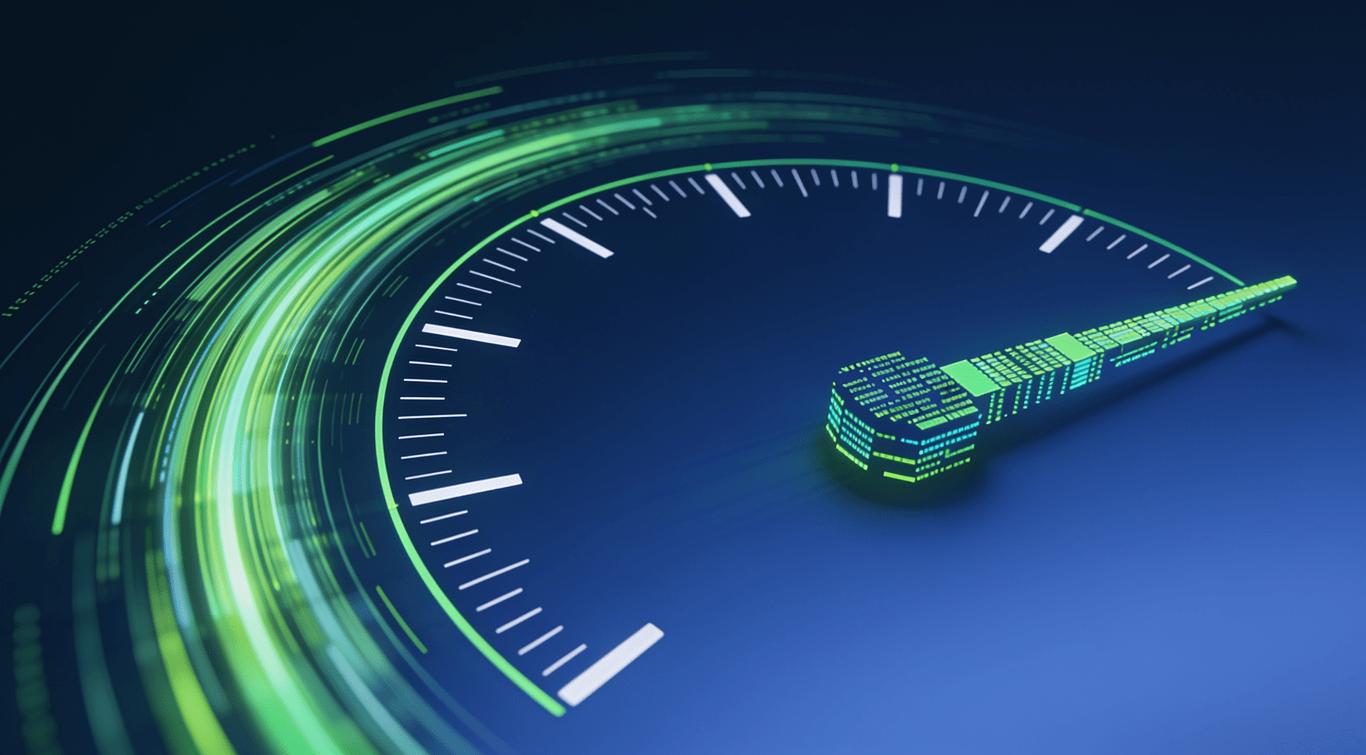 Digital speedometer indicating high speed with glowing green data trails on a dark blue background.