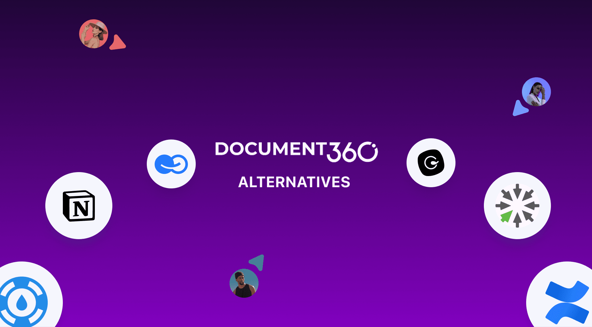 Purple background with "DOCUMENT360 ALTERNATIVES" surrounded by logos of competing software platforms.