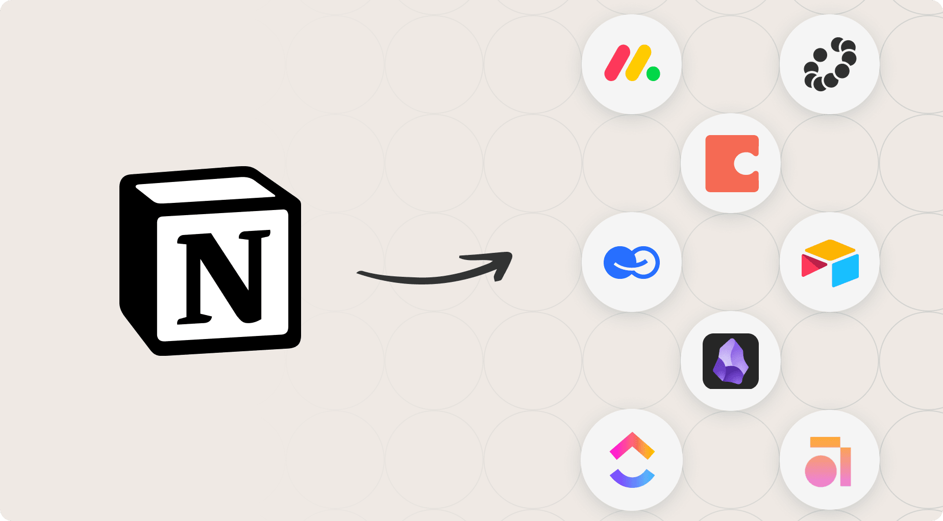 Notion logo with an arrow pointing to multiple app icons, symbolizing integrations and connectivity.