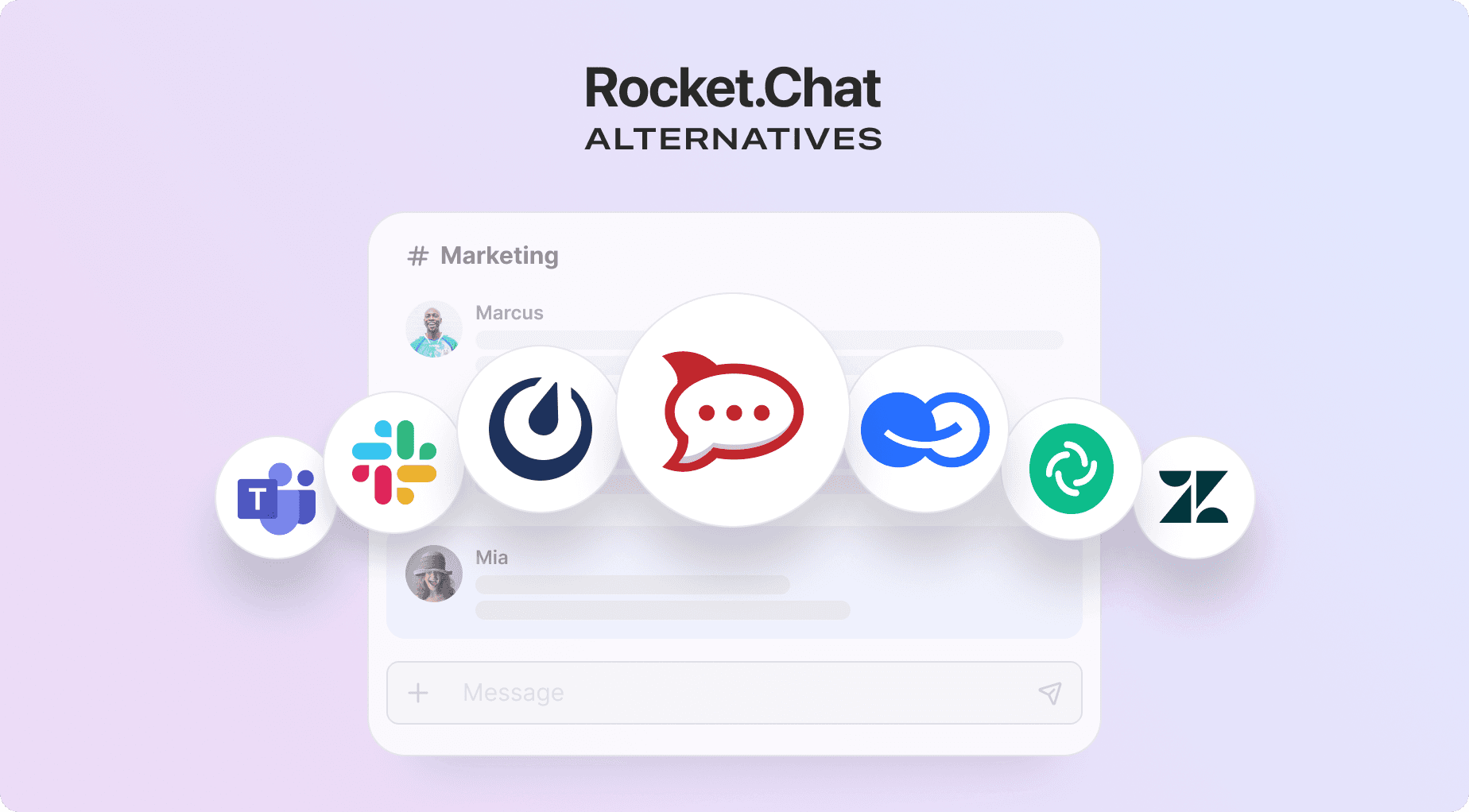 Rocket.Chat Alternatives header with logos of Slack, Microsoft Teams, Rocket.Chat, and other apps.