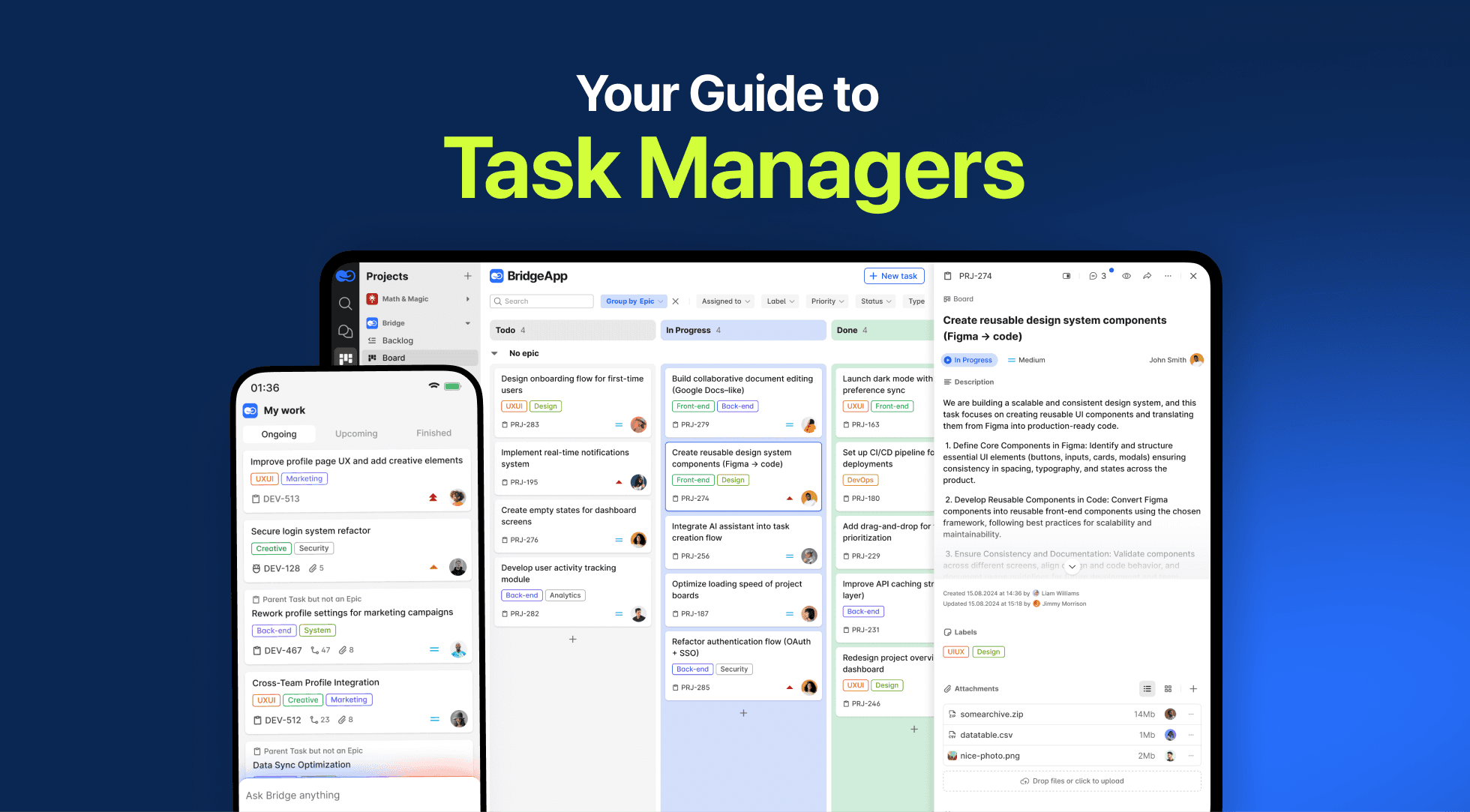 Desktop and mobile views showcase a task management application interface with various tasks.