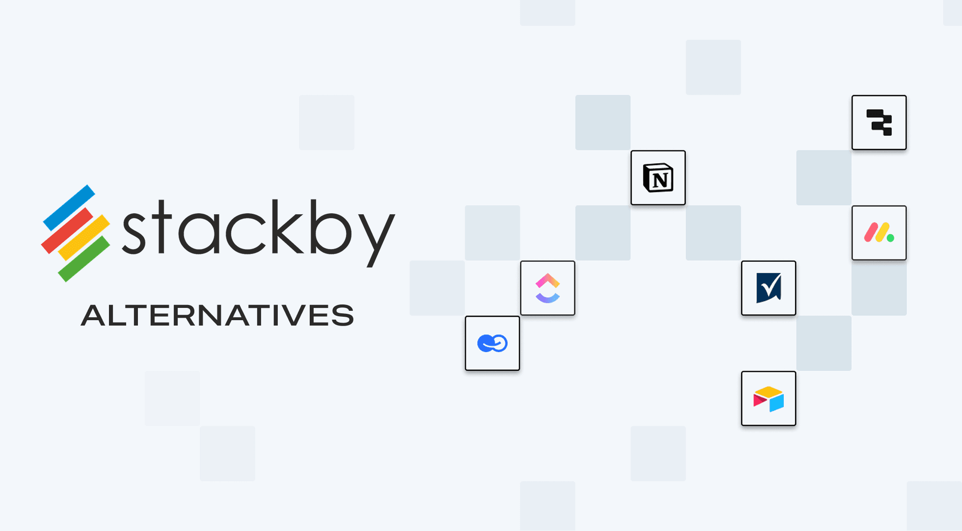 Stackby Alternatives text with various application icons like Notion, Airtable, and Monday.com.