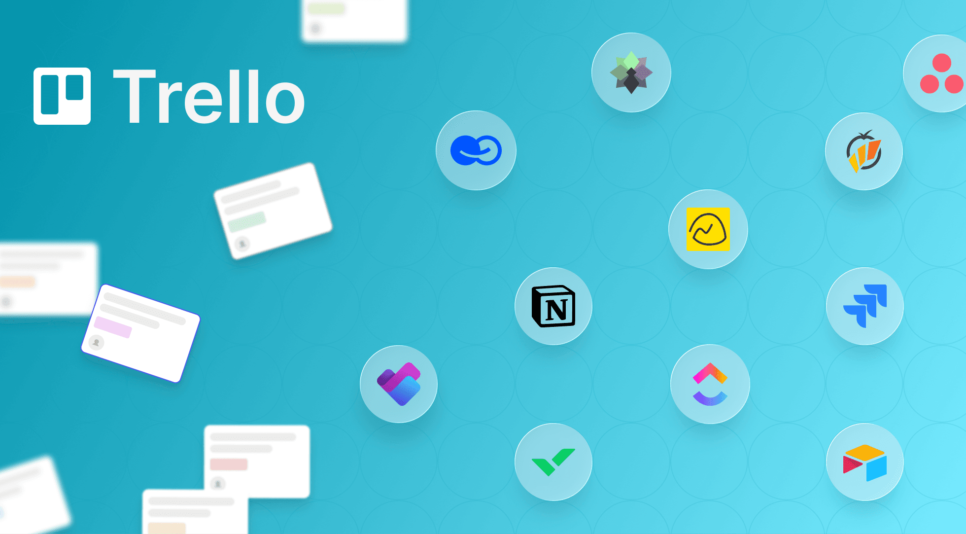 Trello logo prominently displayed on a blue-green background surrounded by various application icons.