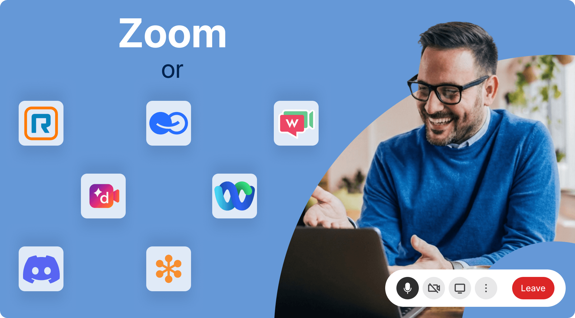 Graphic comparing Zoom with other communication apps, featuring a man using a laptop.