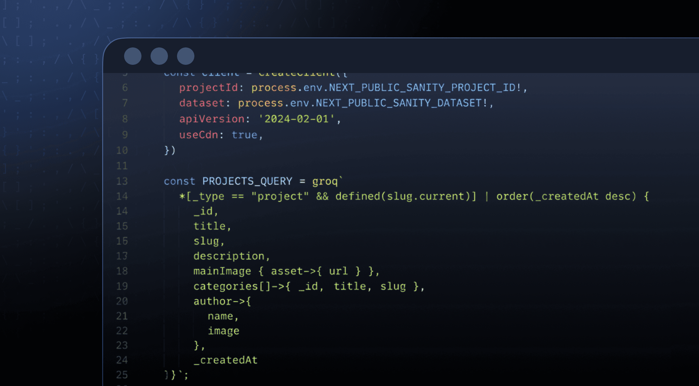 Code editor displaying JavaScript and GROQ query for Sanity.io project data.
