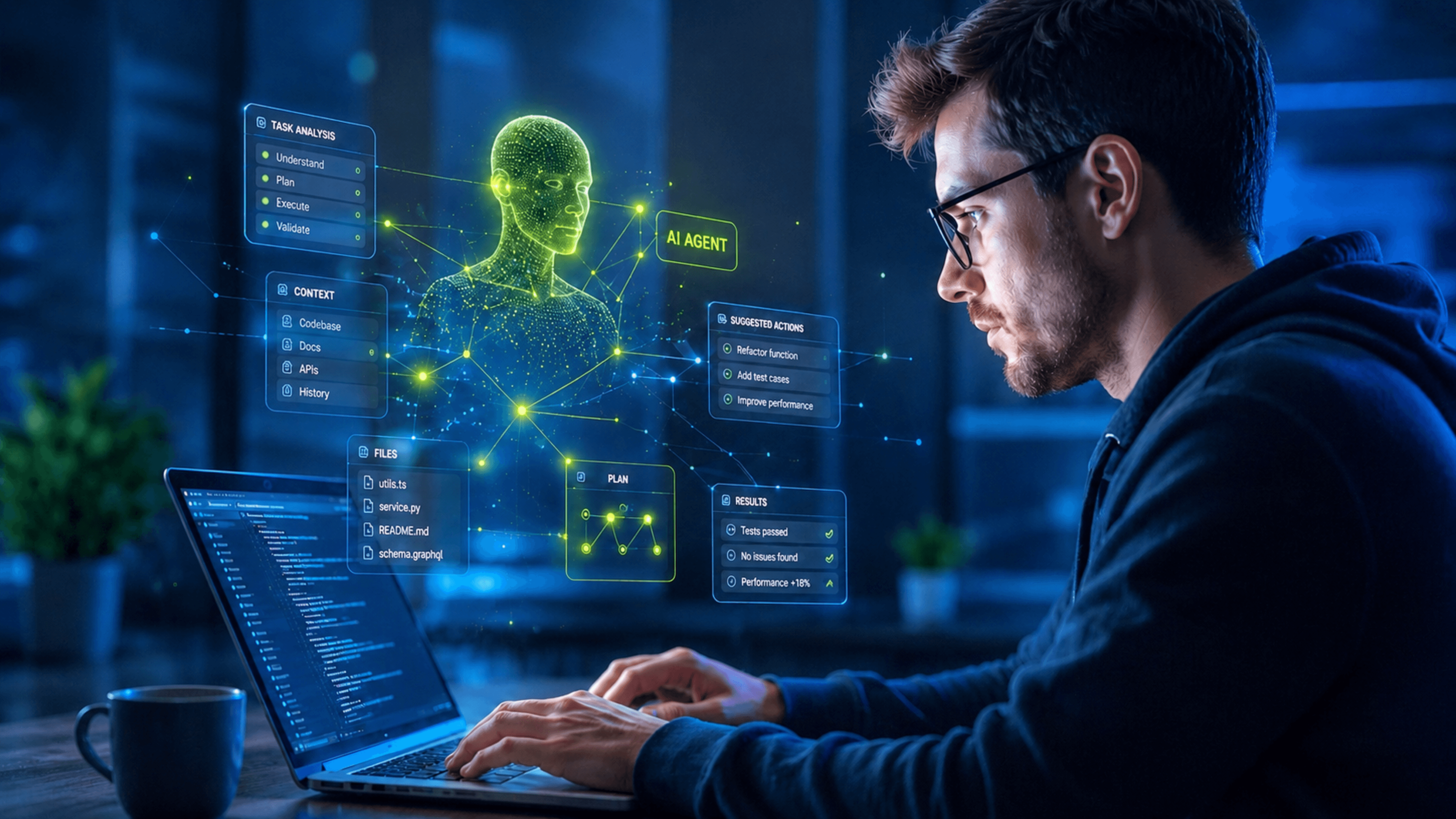 Man coding on laptop, interacting with holographic human data visualization.