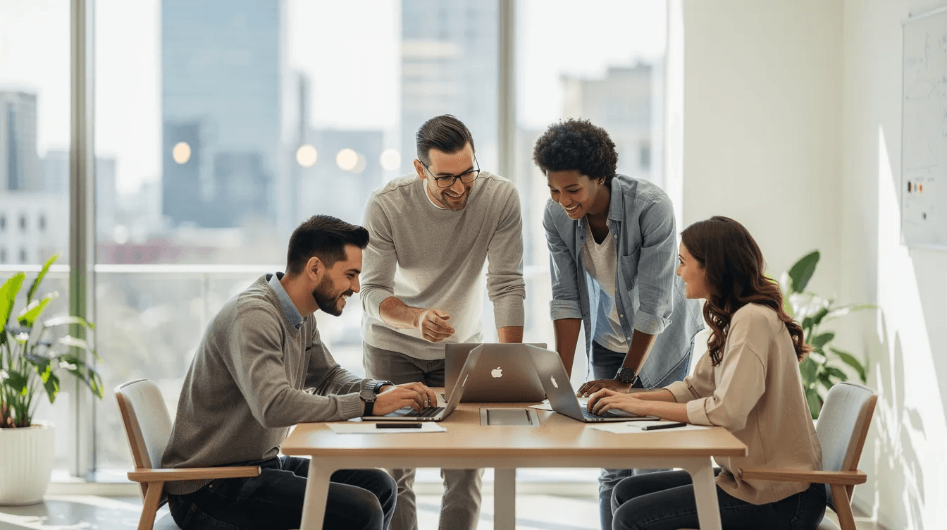 Four diverse professionals collaborate around laptops at a modern office table, discussing work.