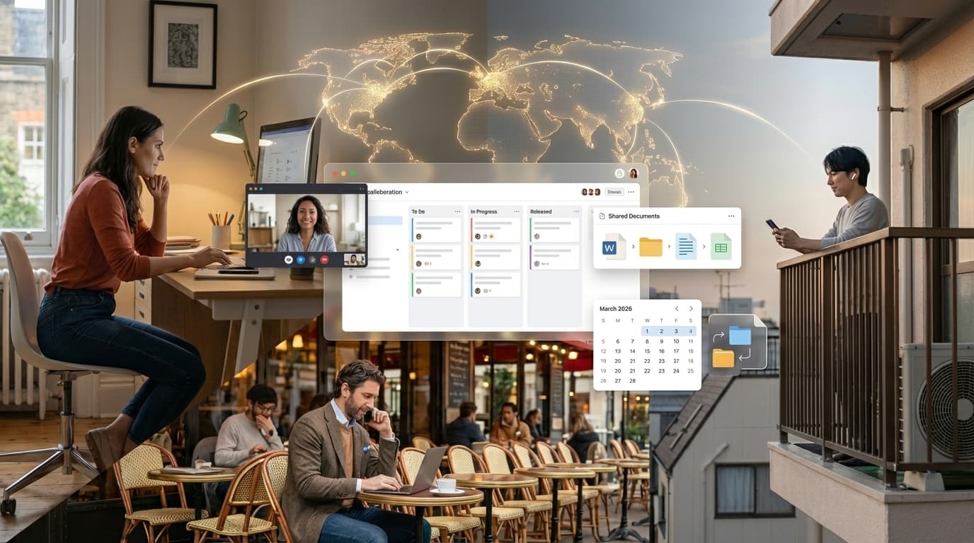 People working remotely in different locations, digitally connected by a global network and applications.