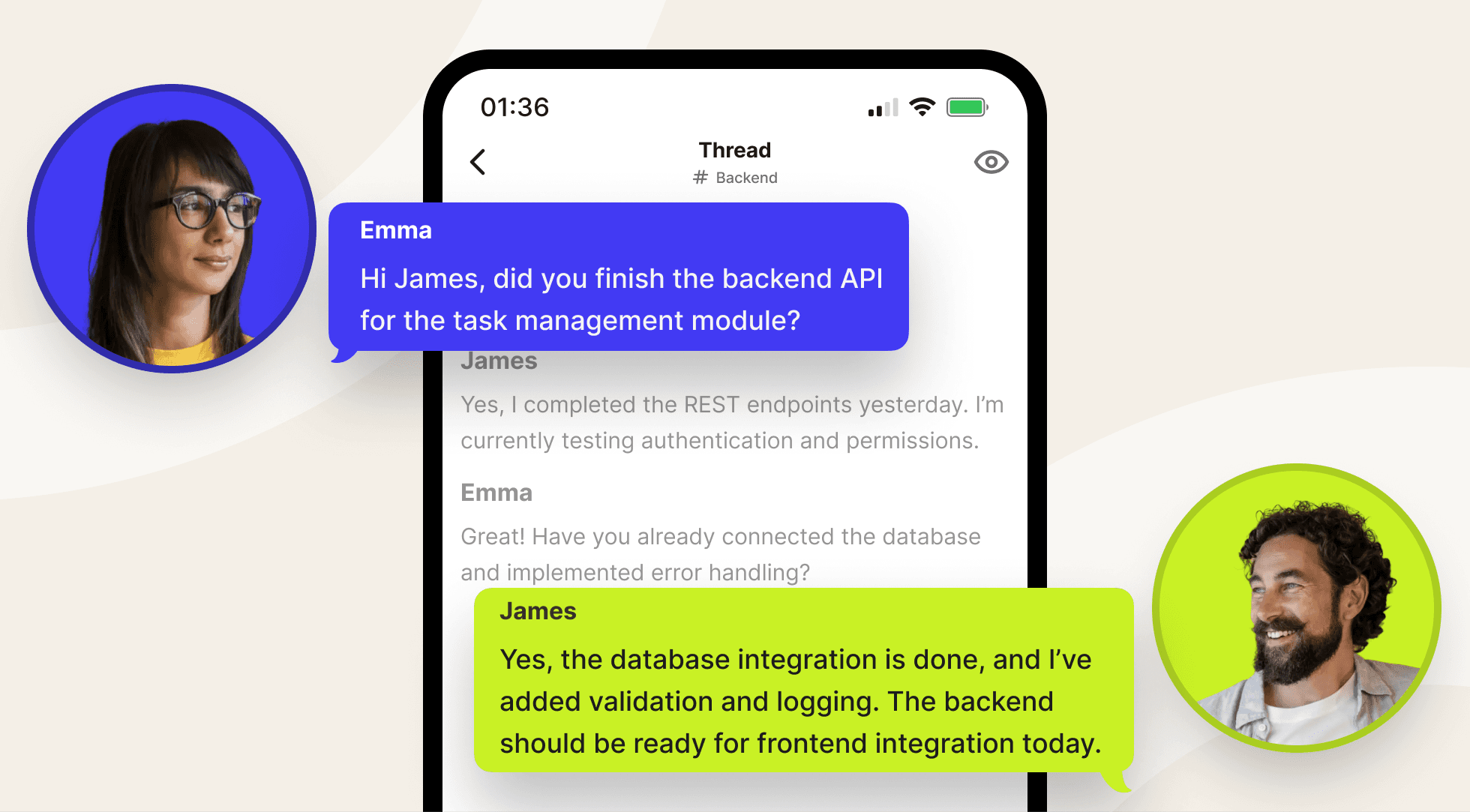 Emma and James chat on a mobile app about backend API development.