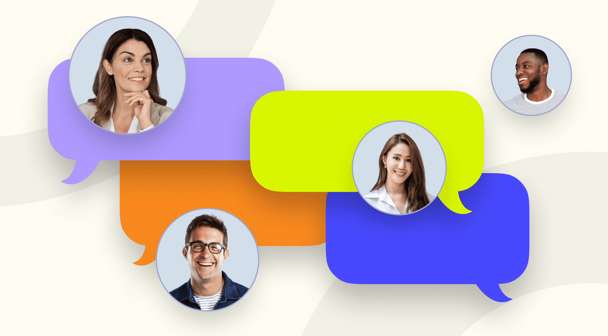 Four diverse people's faces are pictured within overlapping, colorful speech bubbles.