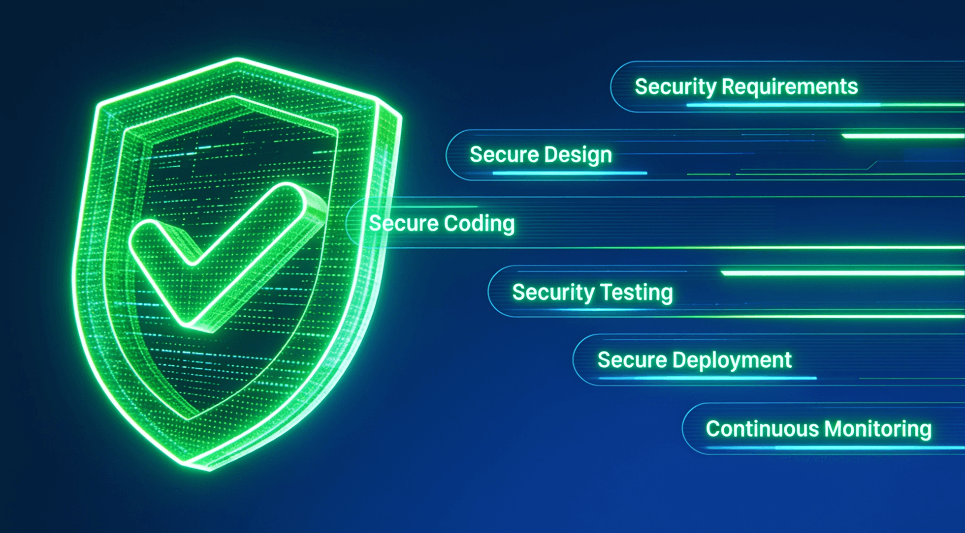 Green security shield with checkmark and list of secure software development practices.