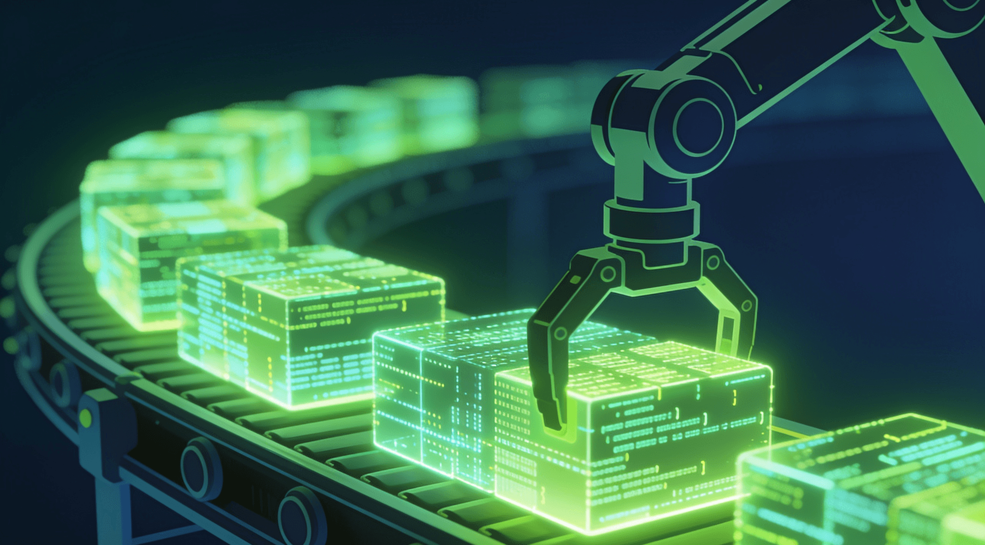 Robotic arm places glowing digital data boxes onto a conveyor belt in an automated factory.