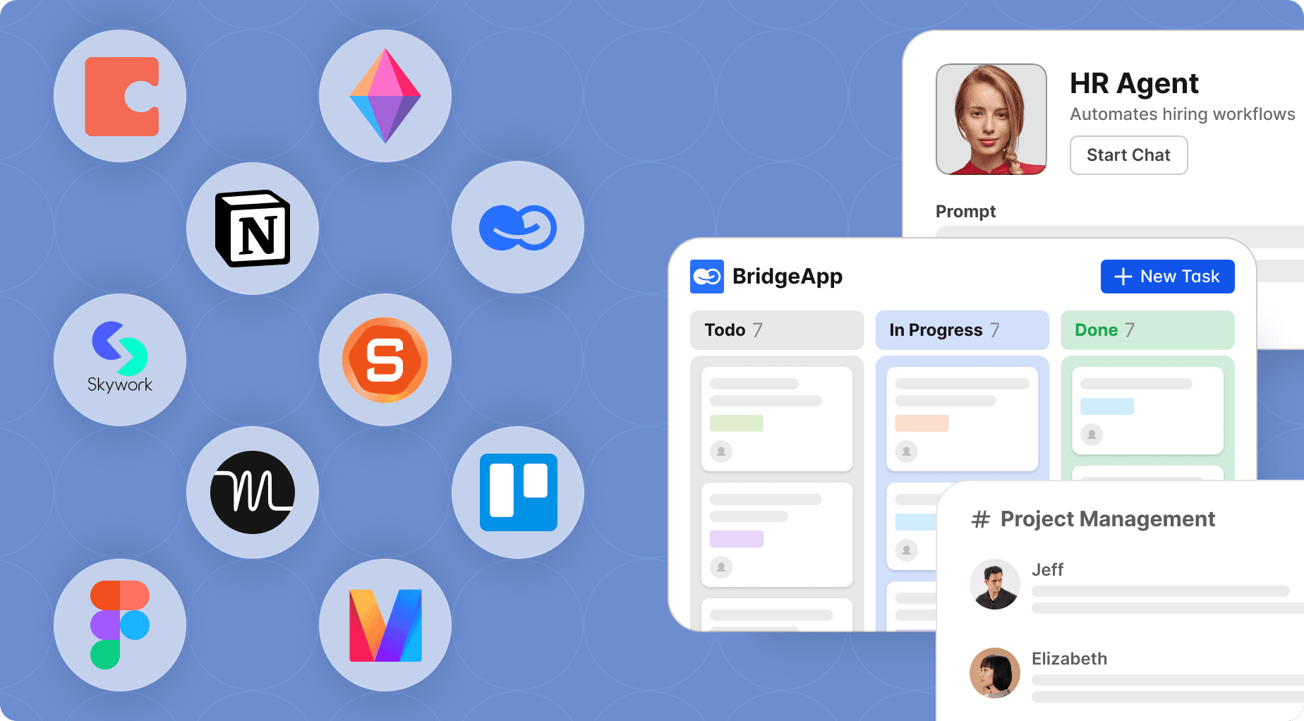 Multiple app icons next to UI examples for HR agent, project management, and task workflows.
