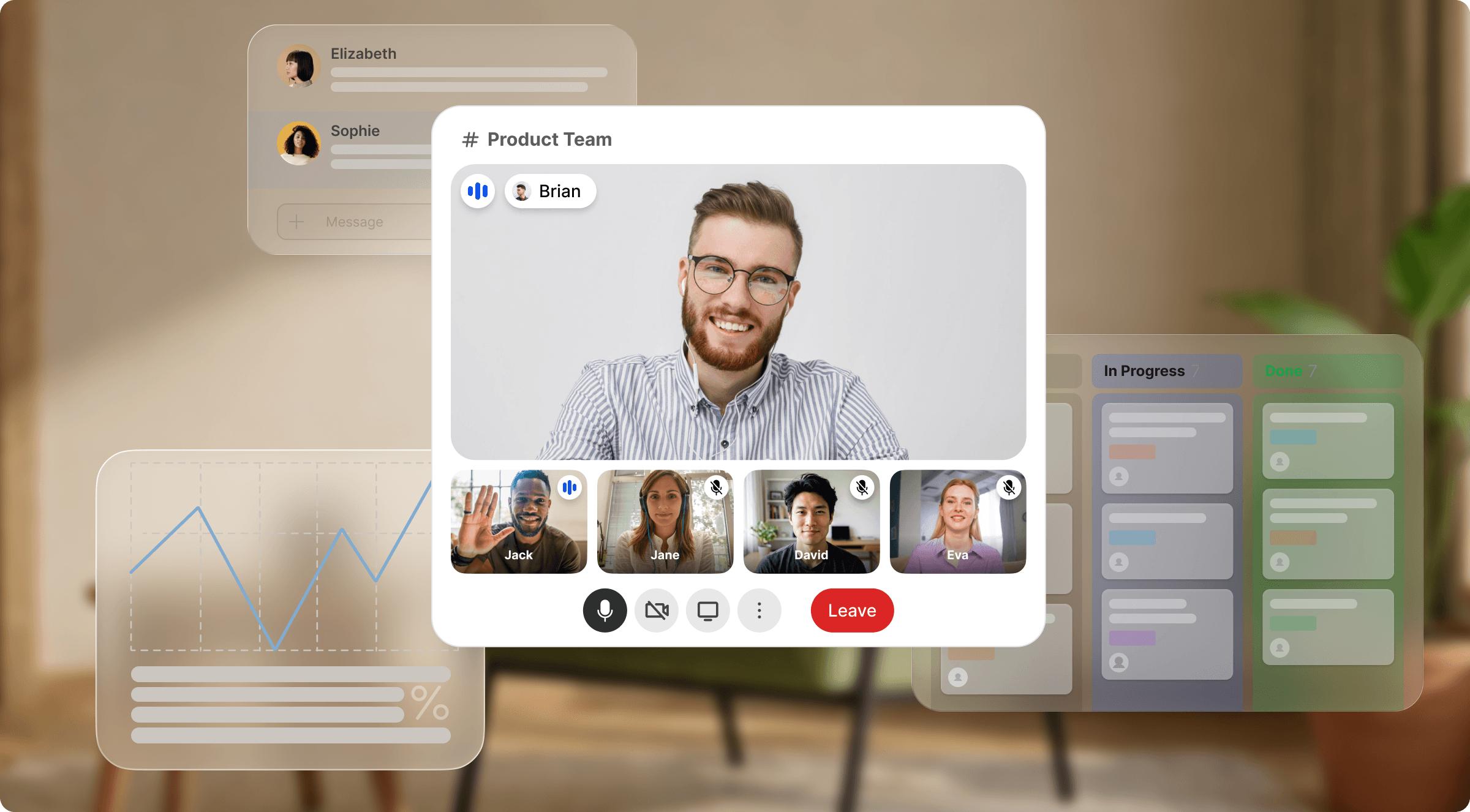 Video conference call displays a main speaker and multiple participants in a virtual meeting.