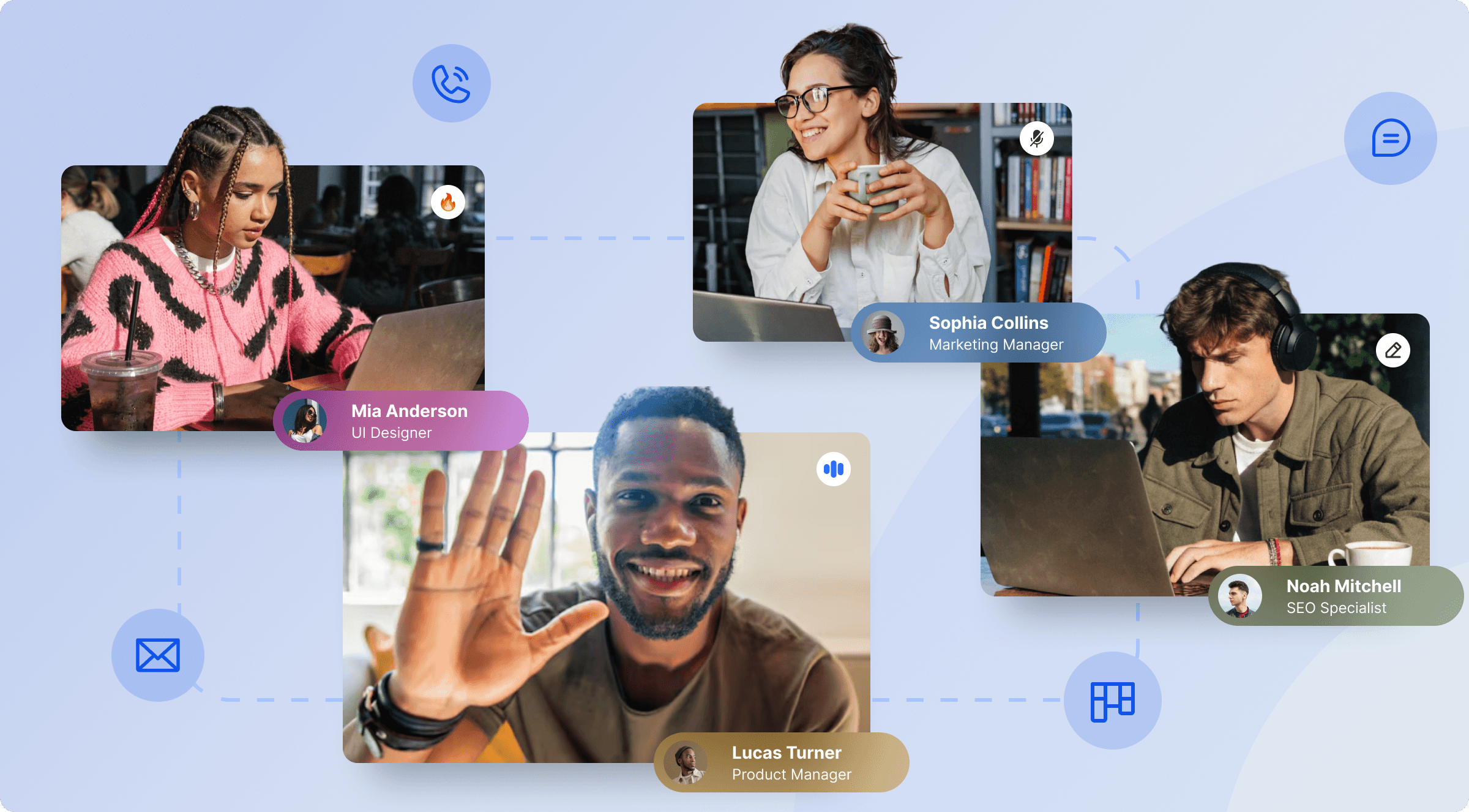 Diverse professionals collaborate remotely on a video conference call, displayed as interconnected screens.