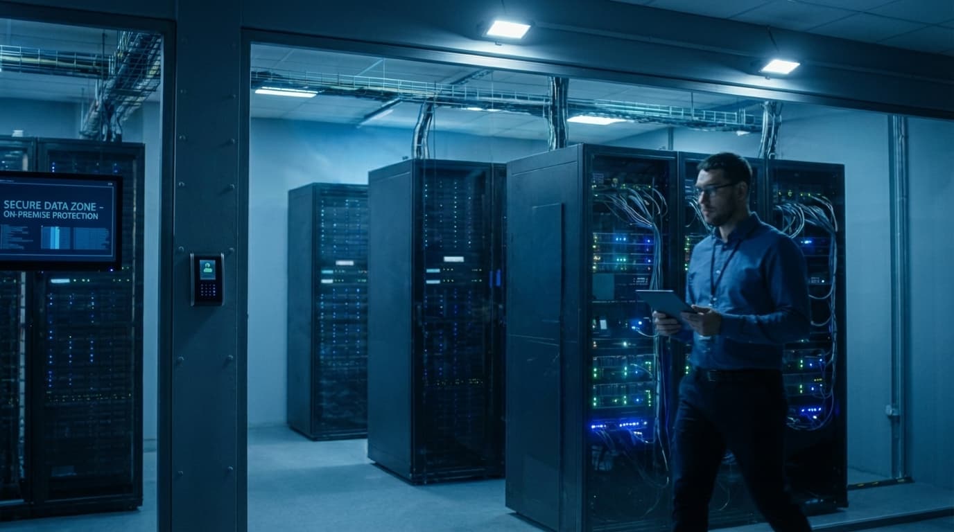 IT engineer with glasses inspecting server racks in a modern data center.