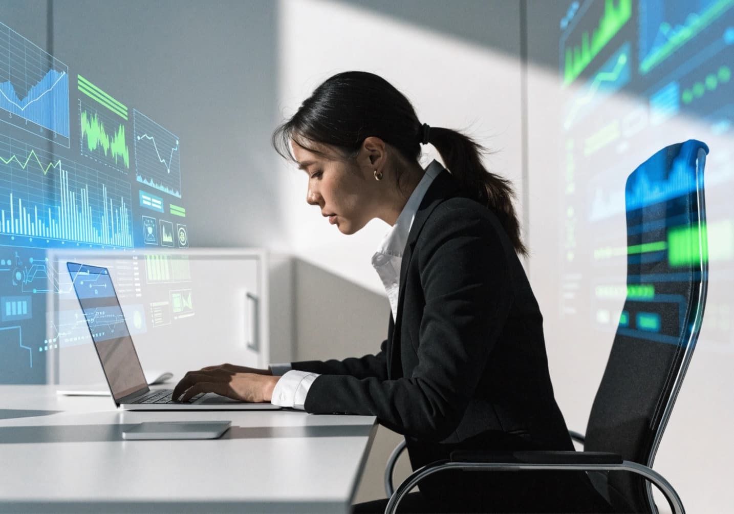 Woman working on laptop, with holographic data projections displaying around her desk.