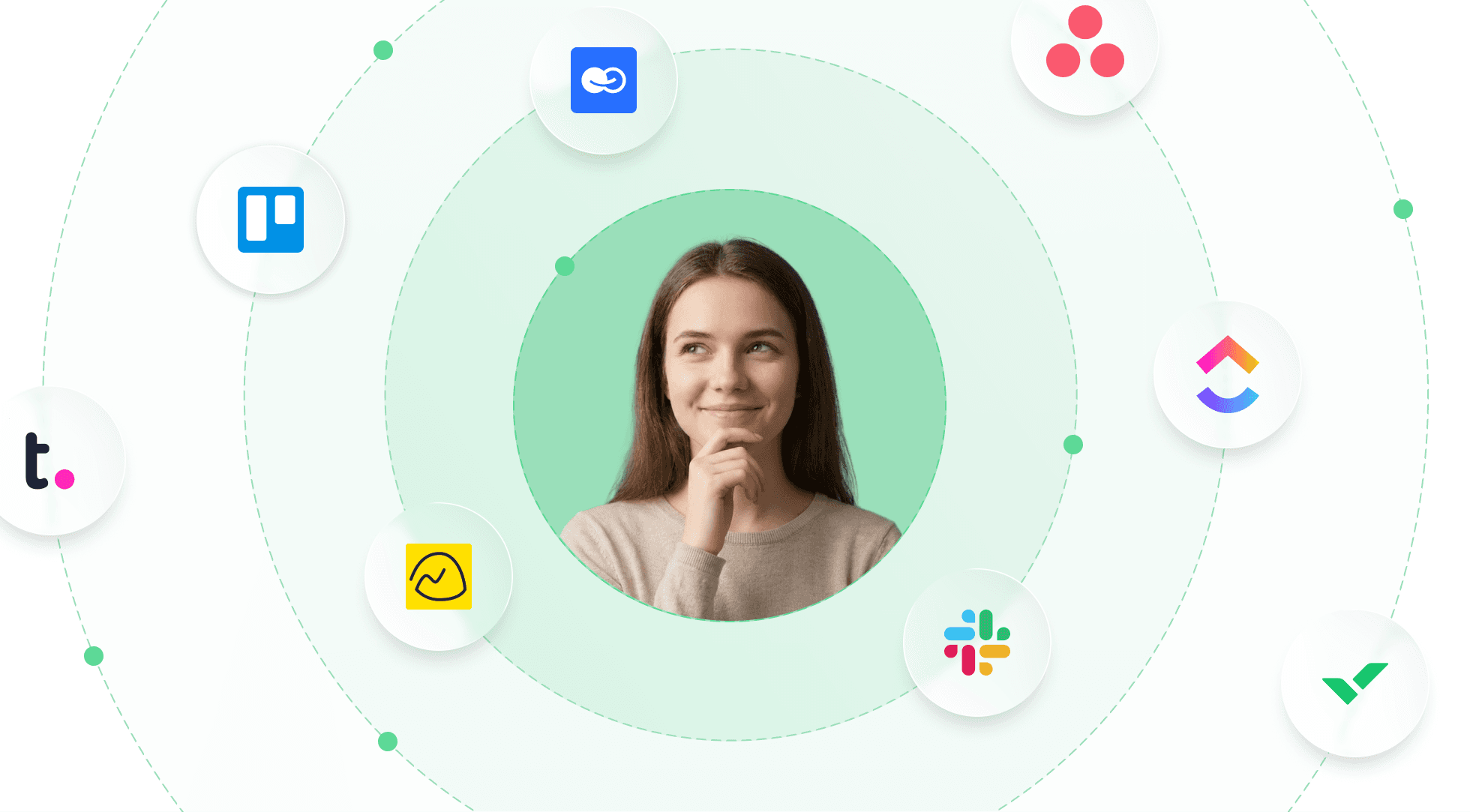 A woman thinking, surrounded by concentric rings with various application and collaboration tool icons.