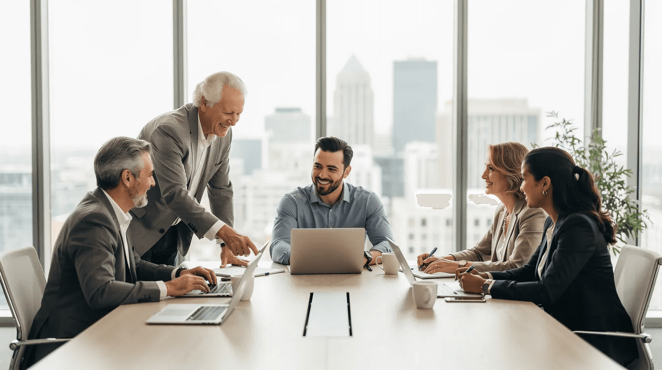 Senior executive guides a team meeting in a sunlit conference room overlooking a city.