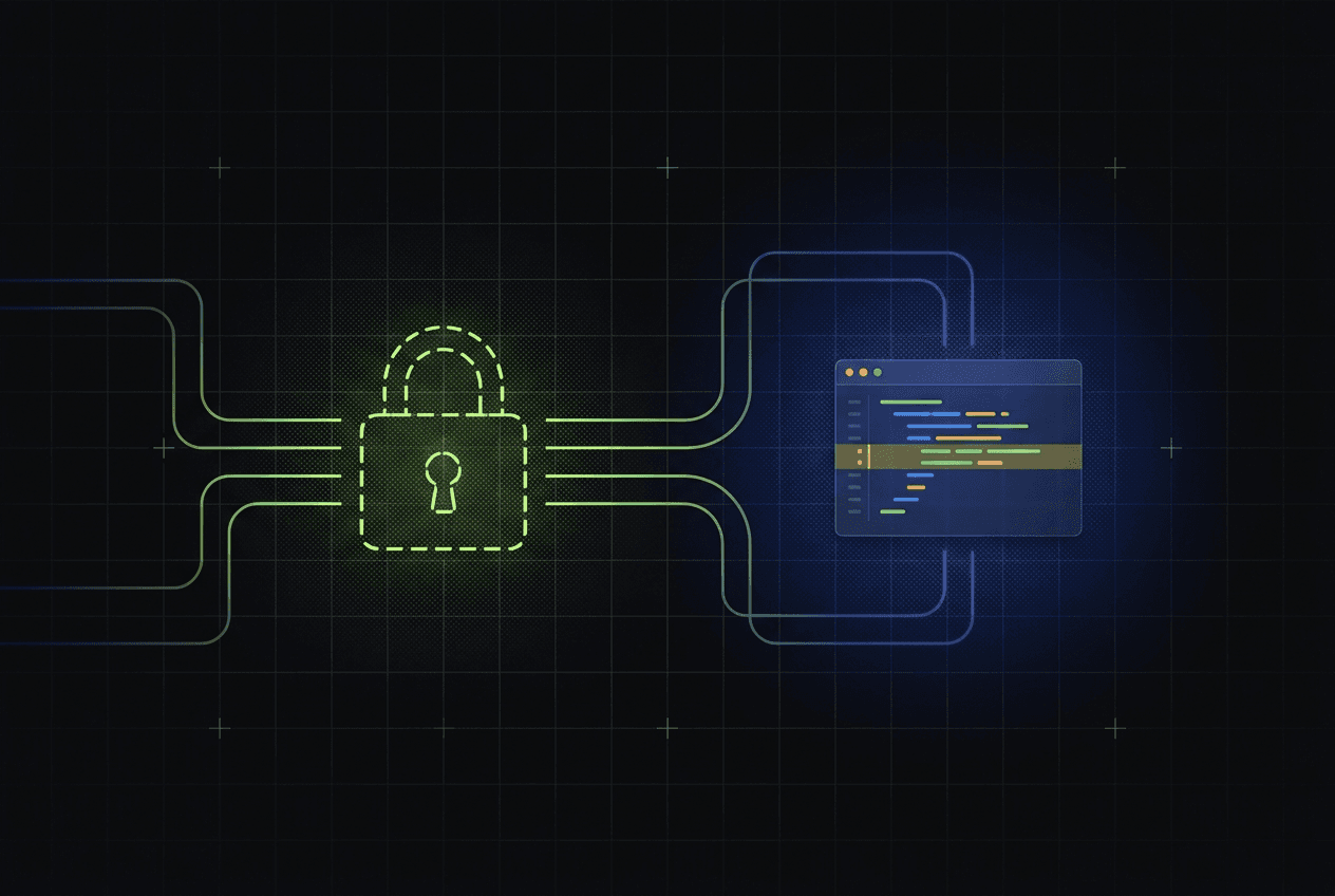 Green glowing padlock connected to a blue code editor on a dark grid background.
