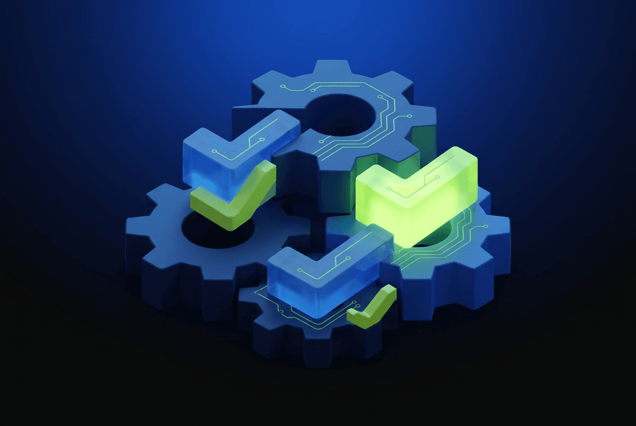 Blue gears with circuit board patterns and glowing green checkmarks symbolizing successful digital processes.