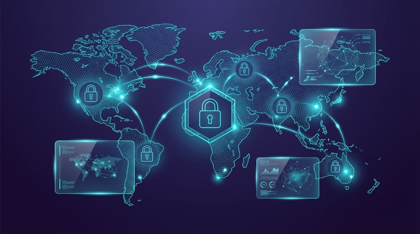 Digital world map with interconnected security lock icons and data pathways.